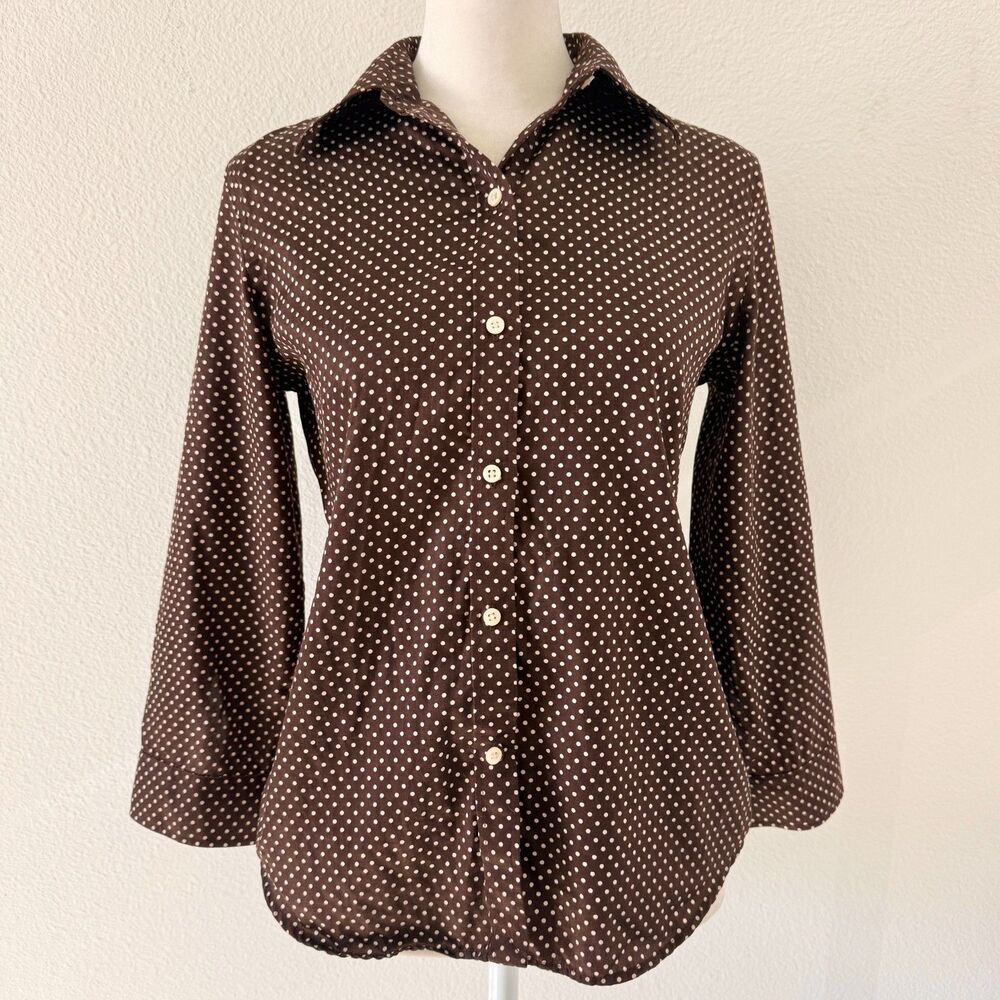Lauren Ralph Lauren Brown Polk A Dot Button Down Shirt Preppy Classic Size PS